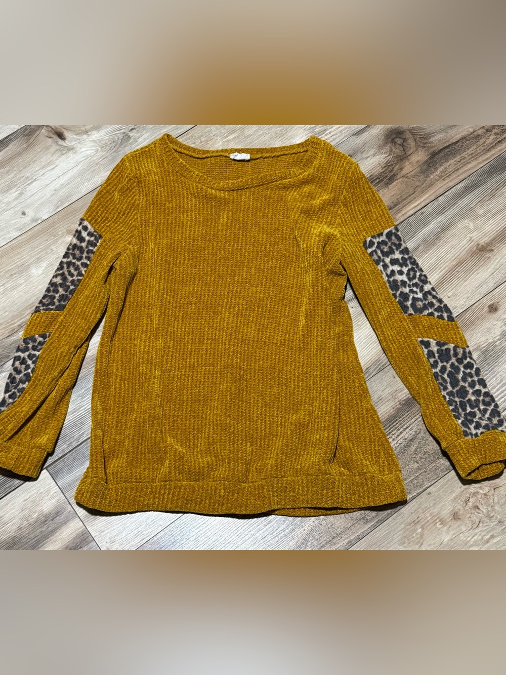 Lovely Melody Mustard Chenille Crewneck Sweater with Leopard Elbow Panels